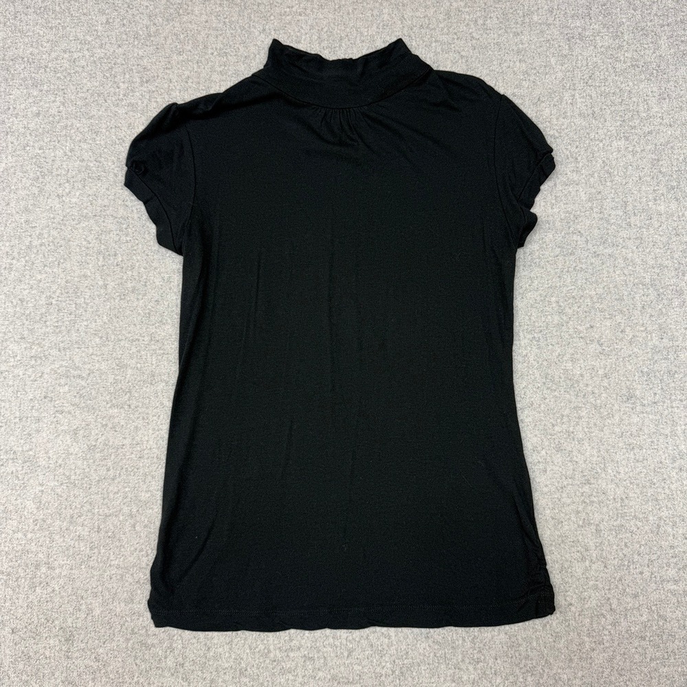 Hot Options | Mock Neck Keyhole Back Top | 12 | Black | Short Puff Sleeve Button